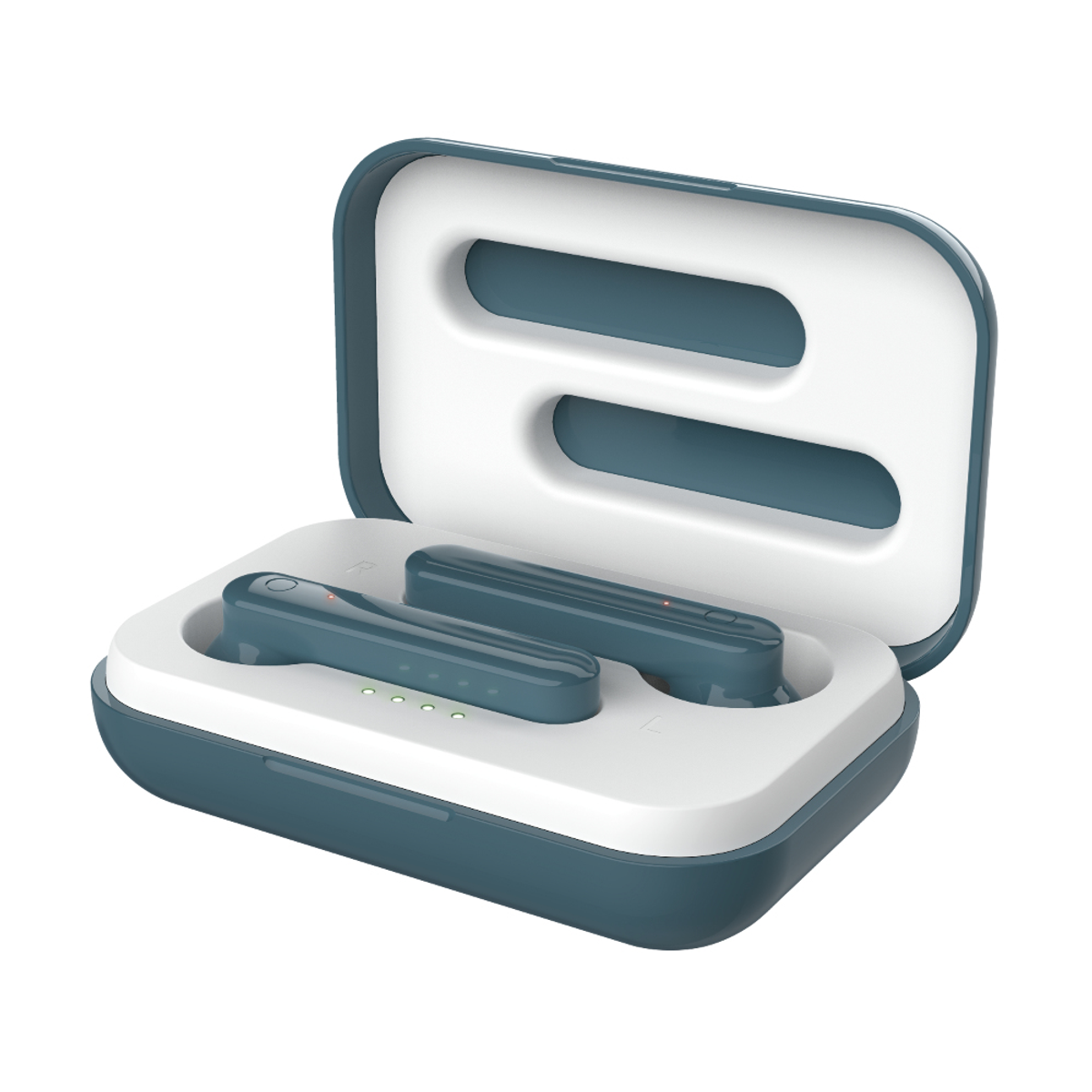 Turkusowe słuchawki w etui. Słuchawki są turkusowe. Etui jest turkusowe i białe.