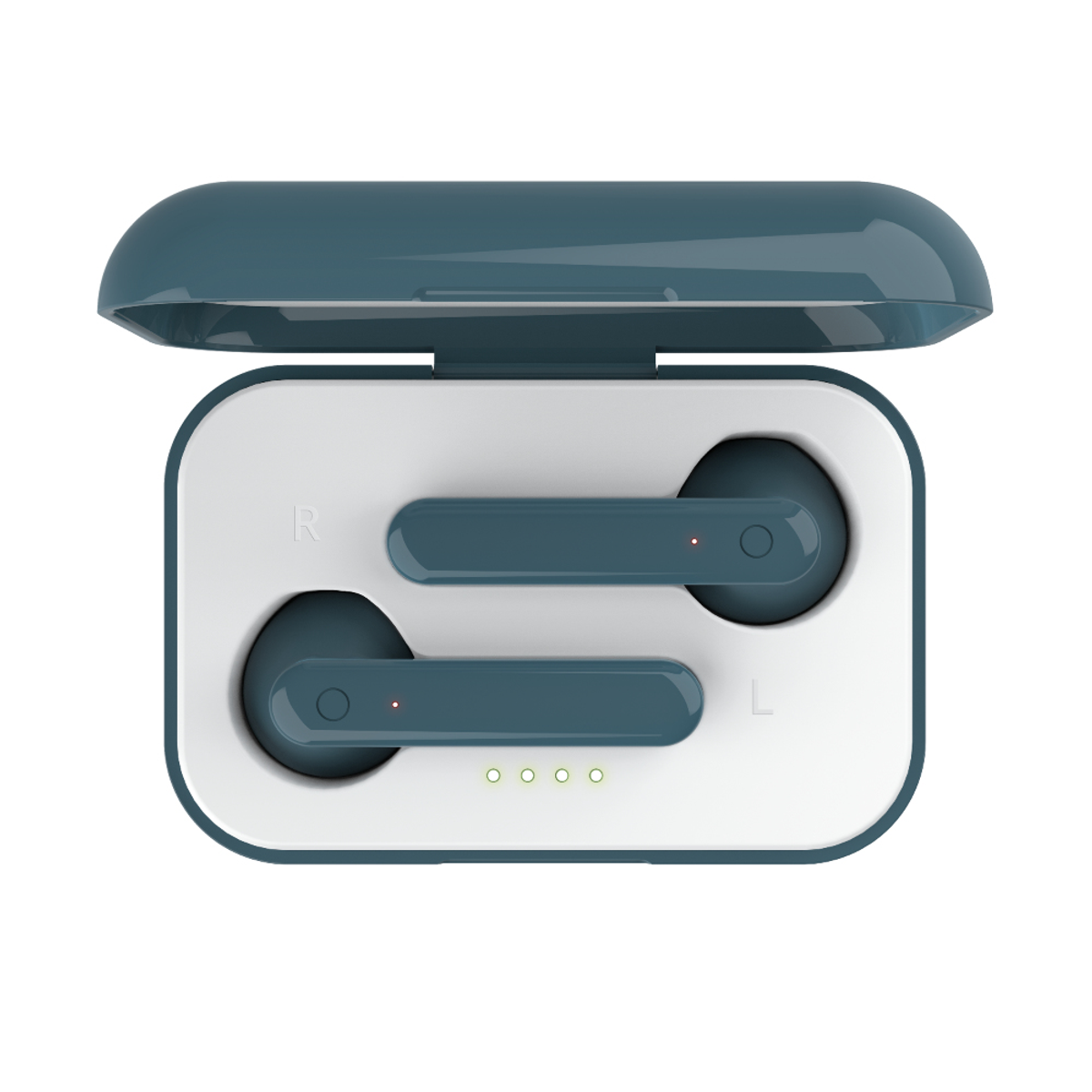 Słuchawki douszne i etui ładujące. Mają kolor morski, etui jest otwarte.