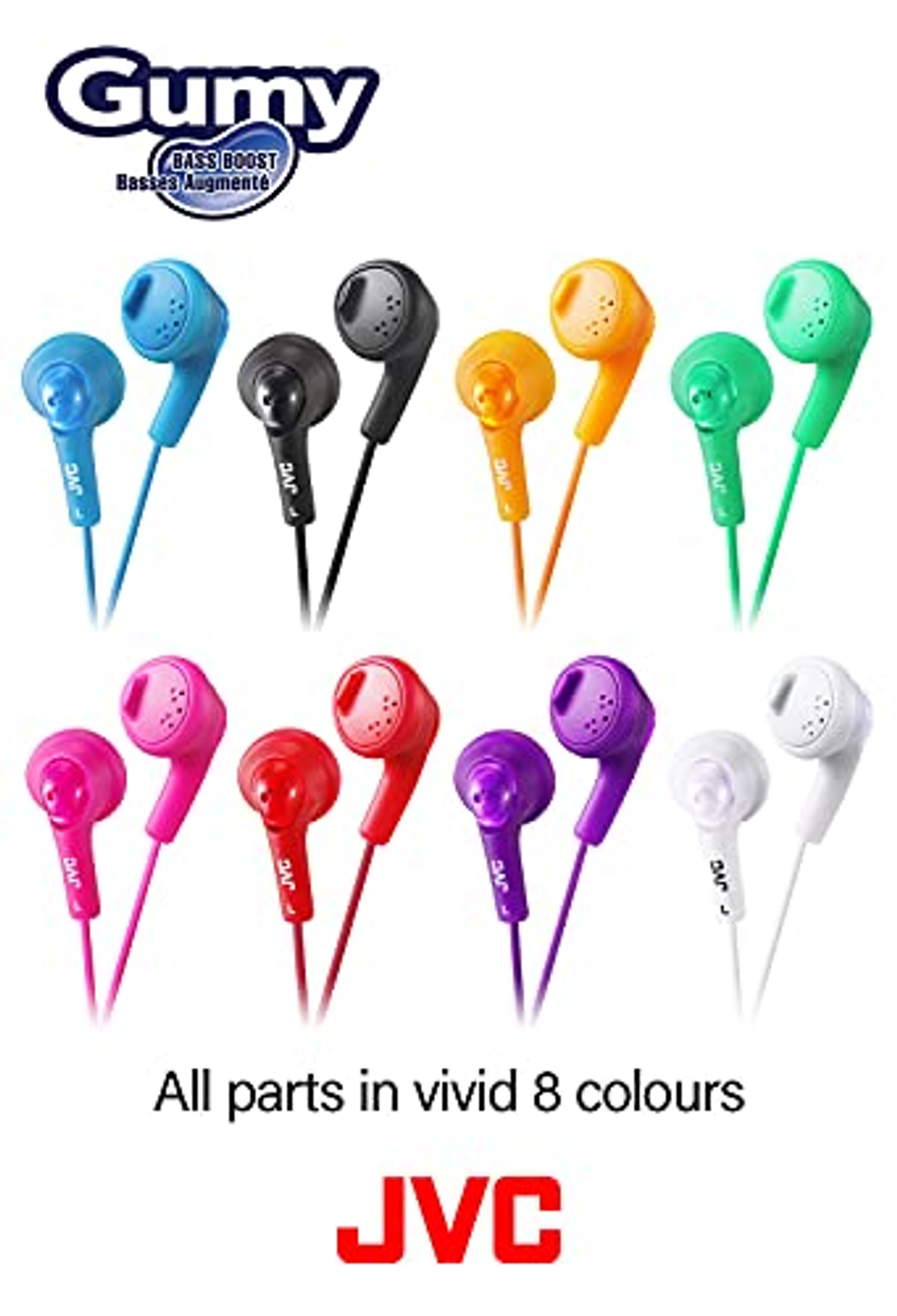 Wiele par kolorowych słuchawek na białym tle.