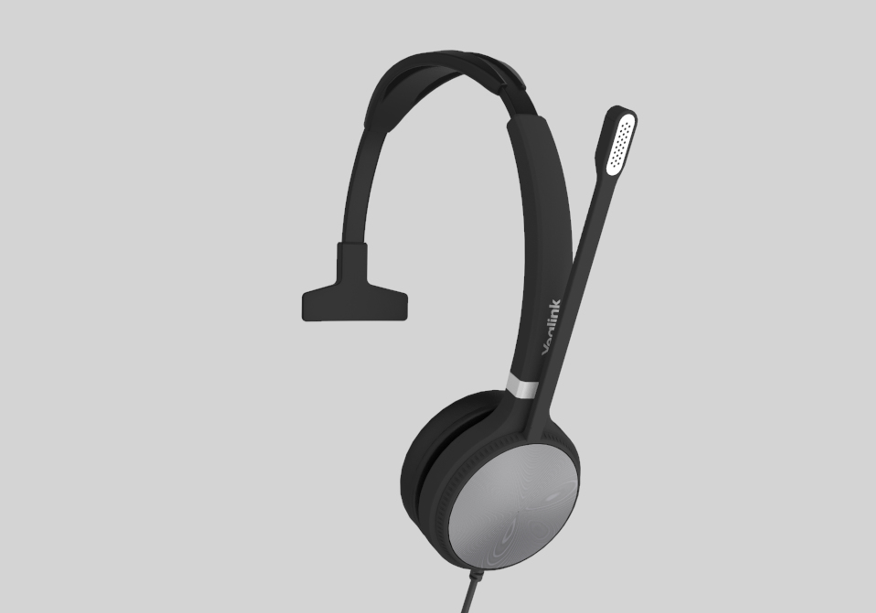 Cuffie nere con microfono. Le cuffie hanno un auricolare color argento.