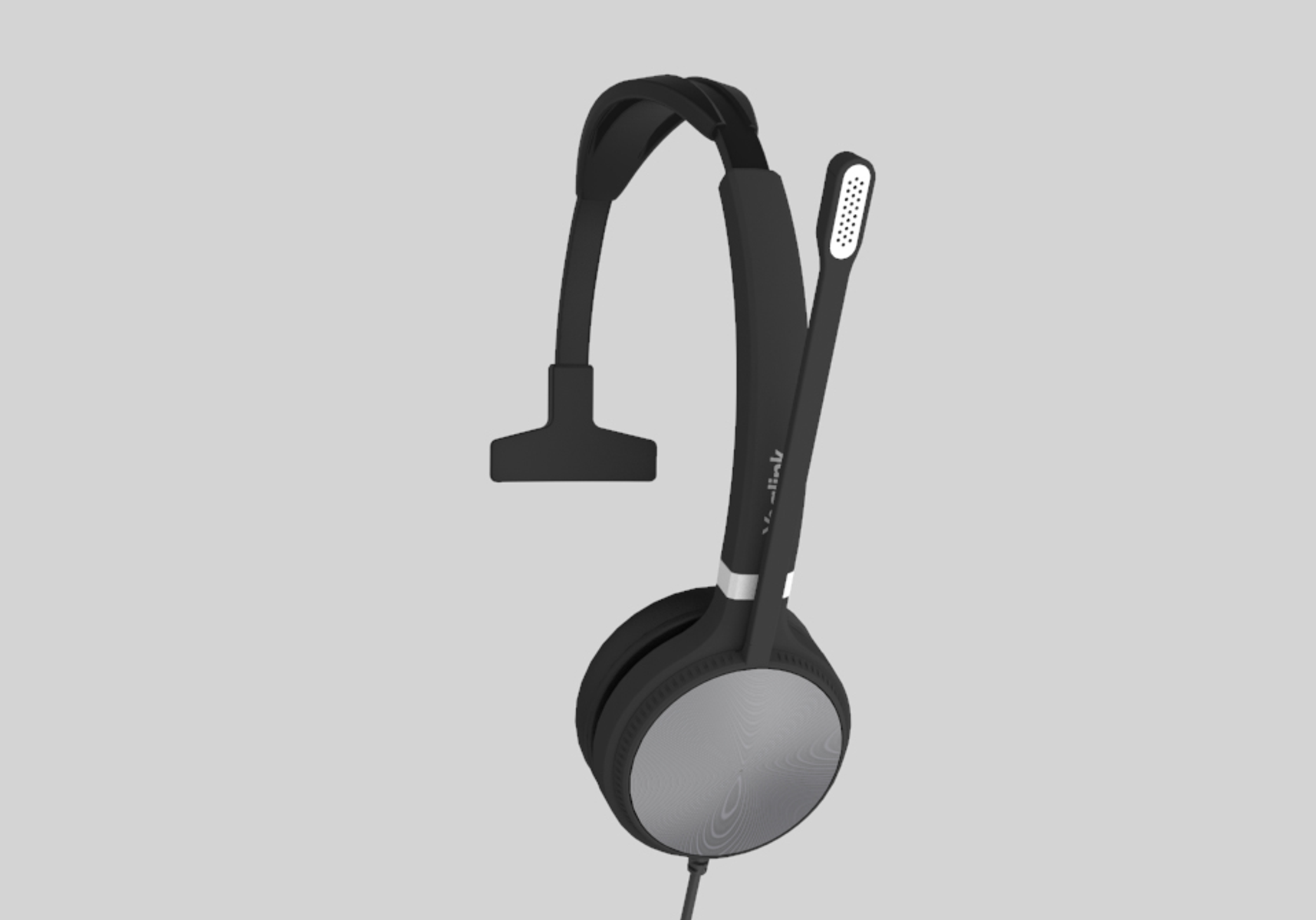 Un auricolare nero con microfono. L'auricolare è su sfondo grigio chiaro.