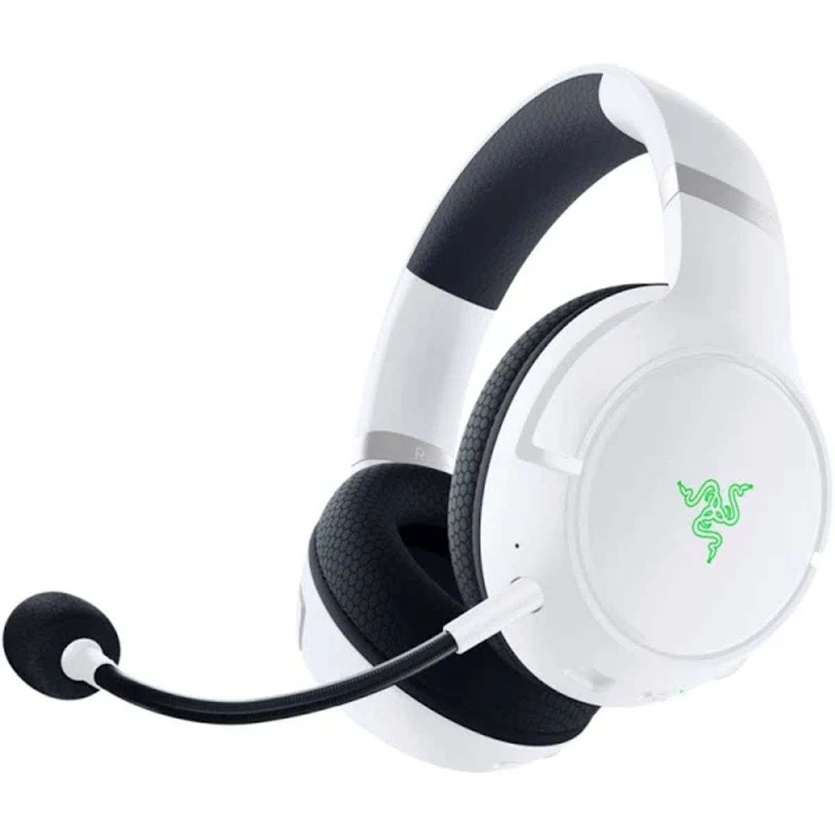 Weißes Gaming-Headset mit Mikrofon, Winkelansicht.