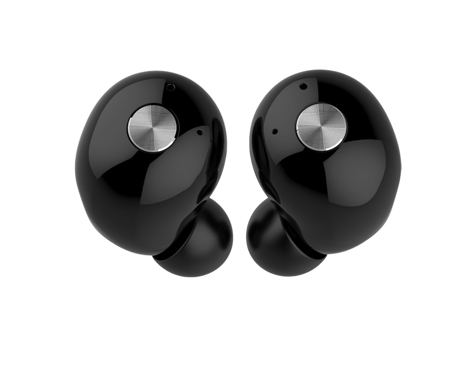 Primer plano de dos auriculares inalámbricos negros. Tienen un botón plateado.