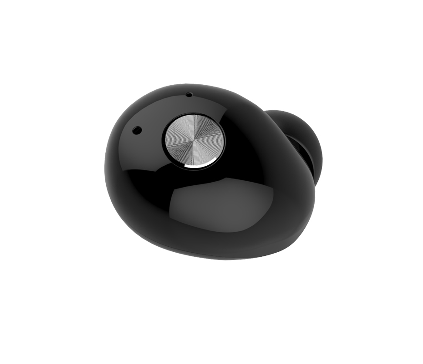 Auricular inalámbrico negro con un botón plateado.
