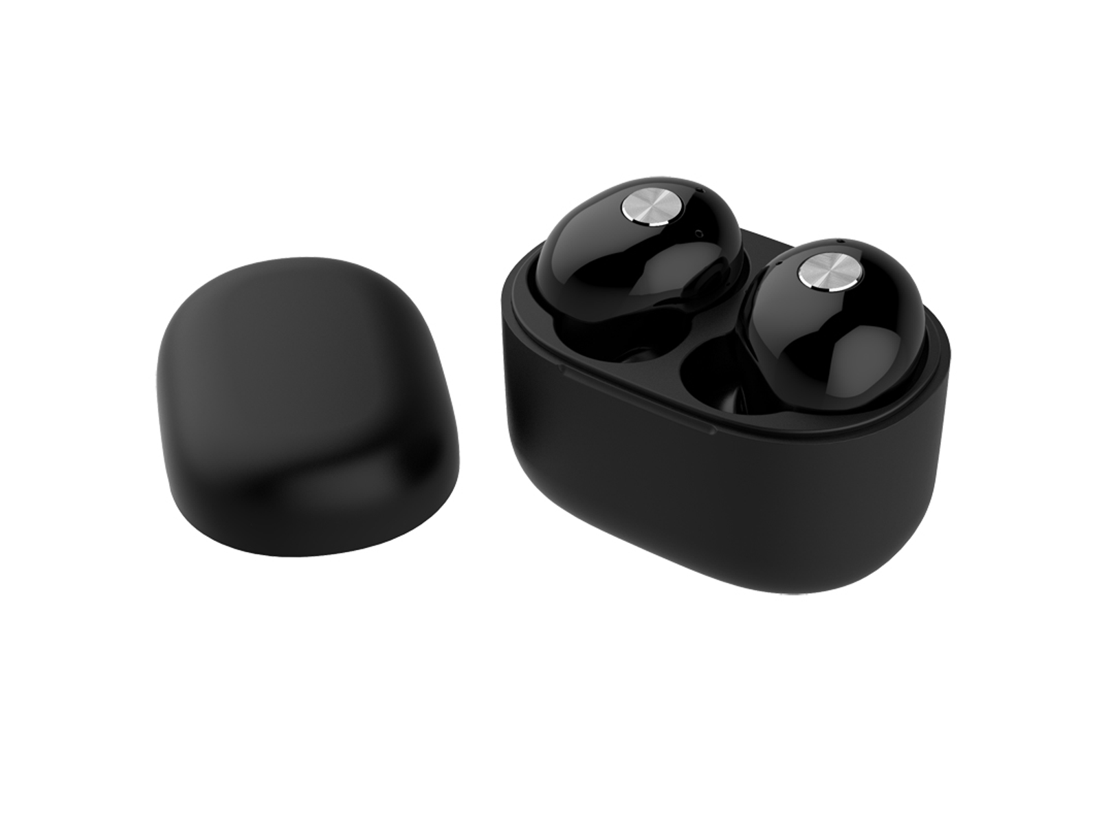 Auriculares inalámbricos negros en su estuche de carga. El estuche está abierto, fondo blanco.
