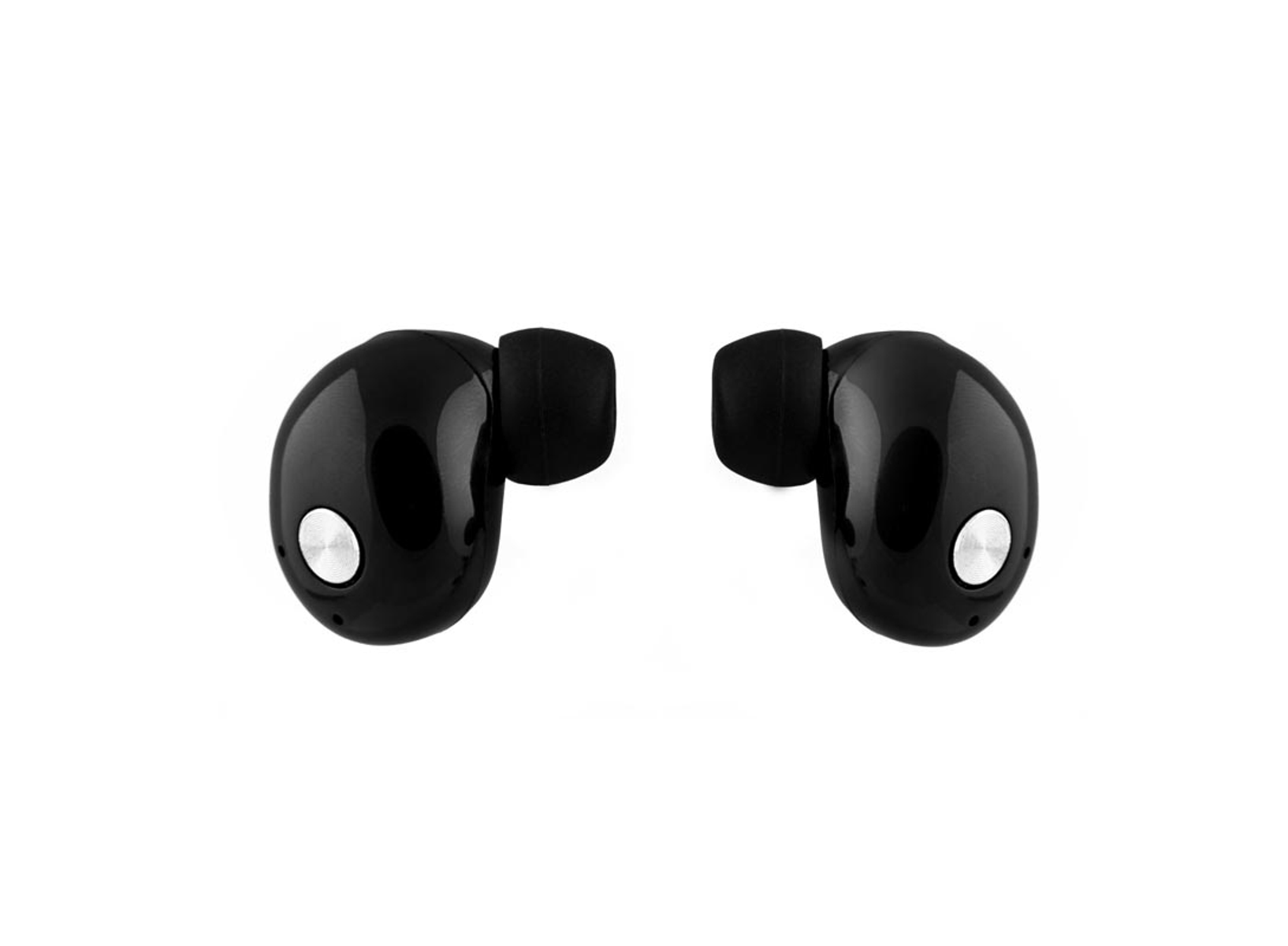 Auriculares internos negros sobre fondo blanco. Cada uno tiene un círculo plateado.