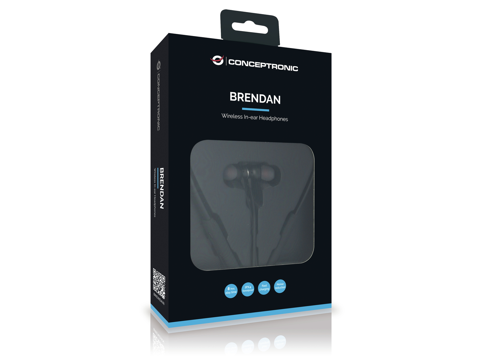 Confezione nera di cuffie in-ear wireless Brendan. Mostra le cuffie.