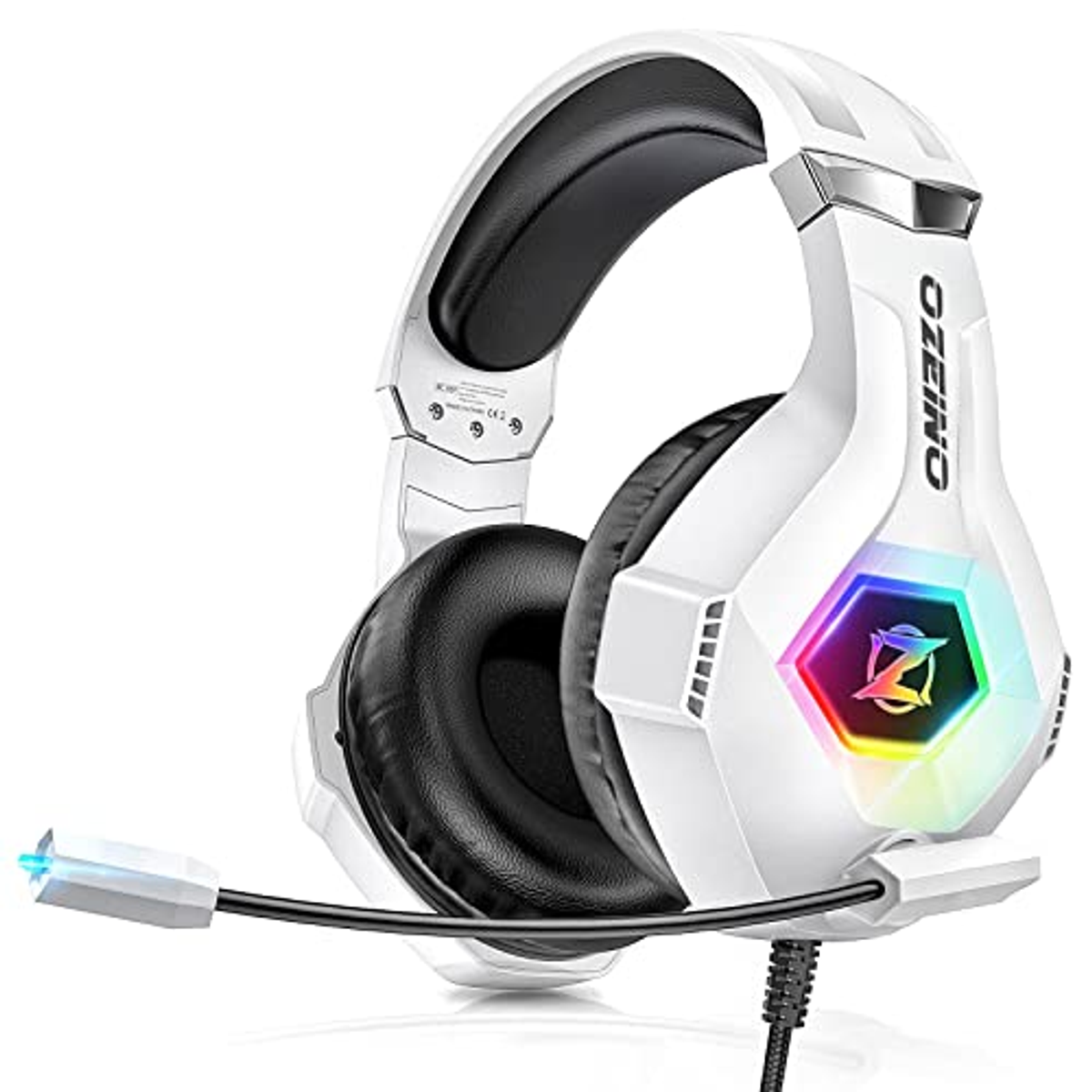Cuffie da gioco bianche. Caratteristiche: luci a LED multicolore e un microfono.