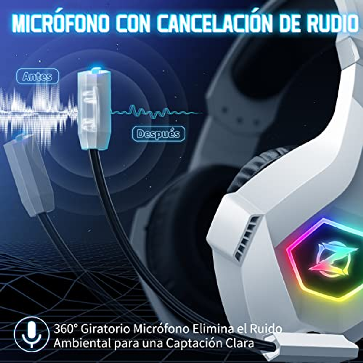 Cuffie bianche e argentate con microfono. Il testo recita: Microfono con cancellazione del rumore.