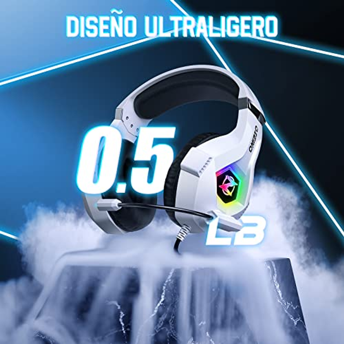Cuffie da gaming bianche con microfono, testo: '0.5 LB' e 'Design ultraleggero'.