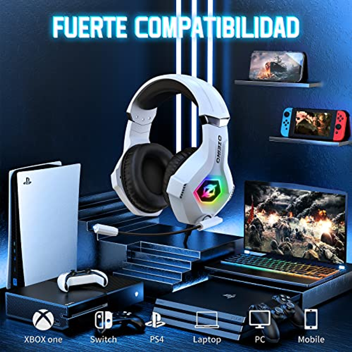 Cuffie da gioco bianche con luci RGB. Vengono visualizzate varie console di gioco, laptop e cellulare.