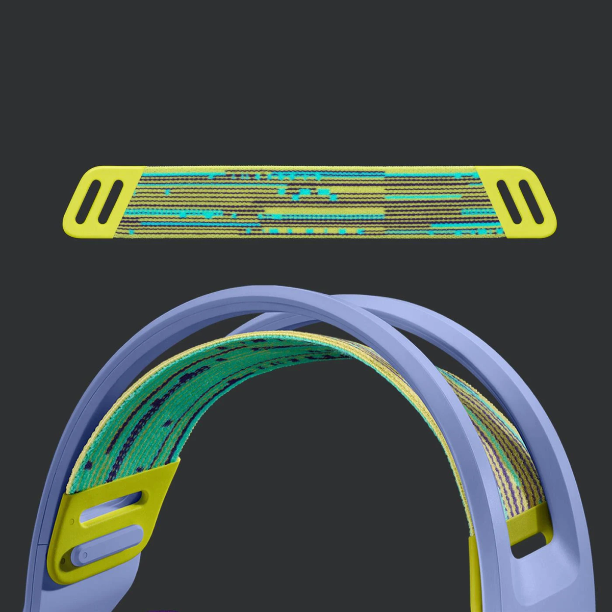 Słuchawki zdemontowane. Opaska na głowę i jej części są wyświetlane.