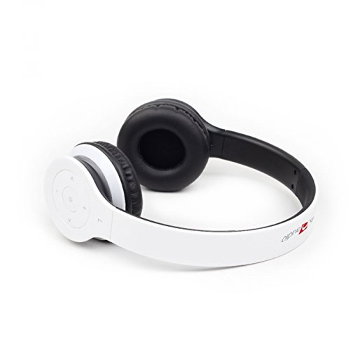 Casque sans fil blanc et noir ouvert sur fond blanc. L'écouteur blanc a un panneau de contrôle.