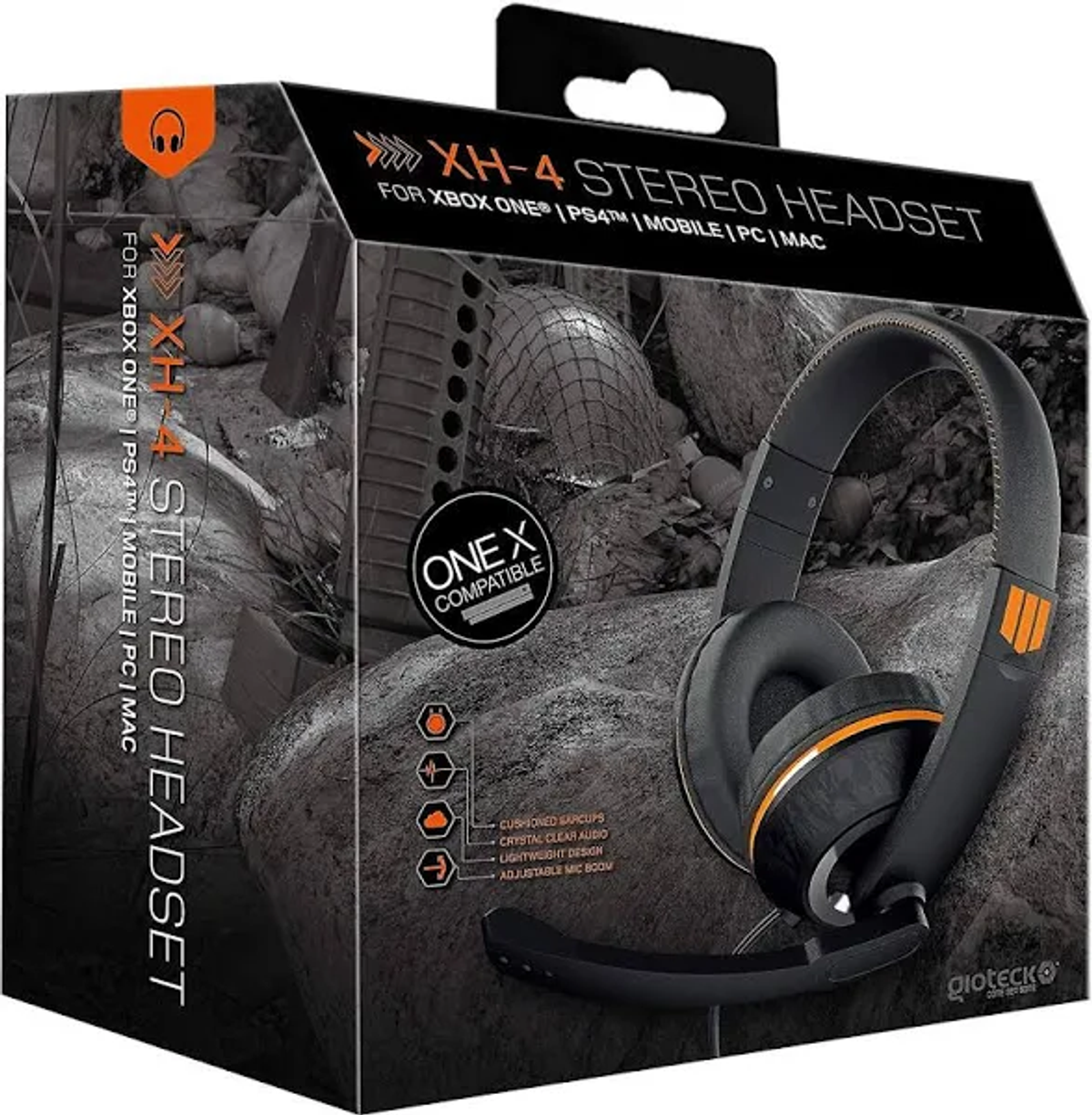 Scatola per cuffie stereo con cuffie nere, dettagli arancioni e dettagli del prodotto.