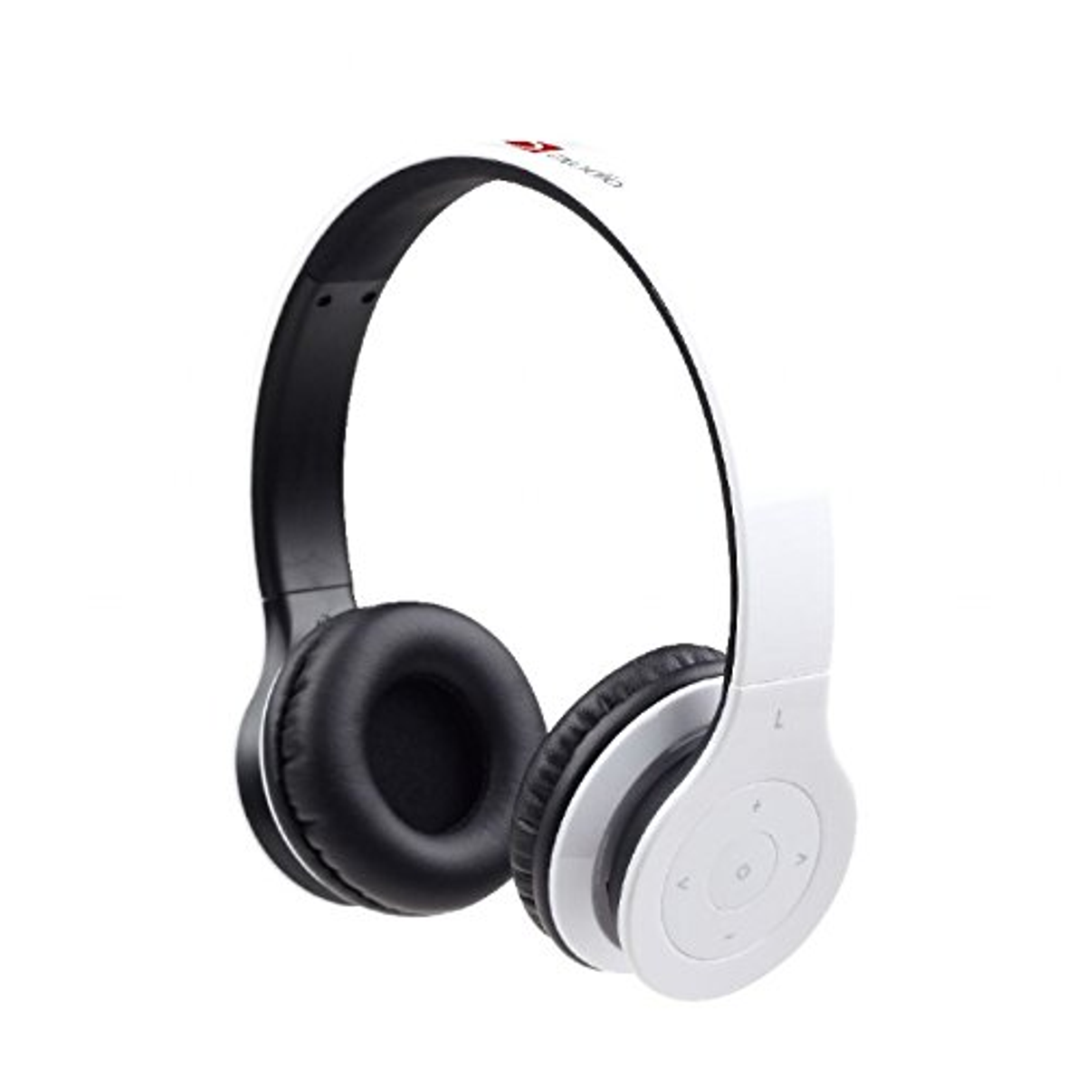Casque blanc et noir sur fond blanc, vue latérale.