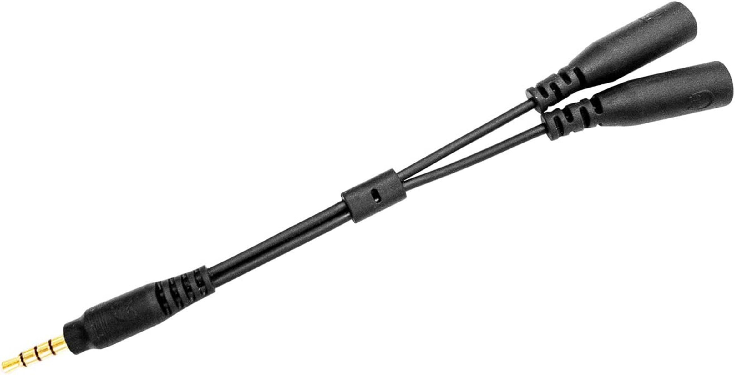Cavo splitter audio nero con connettore dorato e due connettori femmina neri.