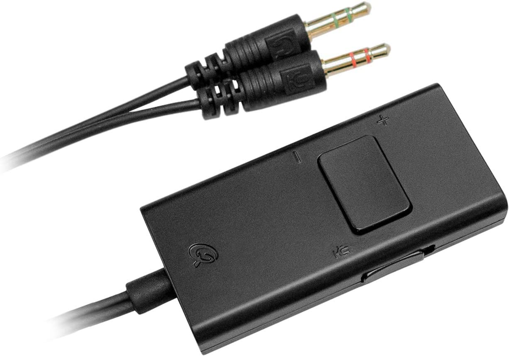Cavo adattatore audio nero. Ha due jack da 3,5 mm e un modulo di controllo con pulsanti e un interruttore.