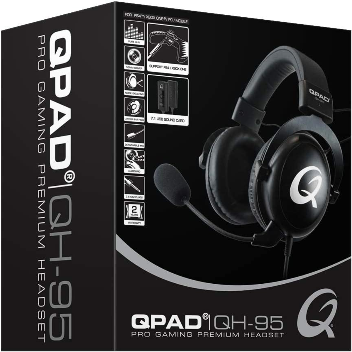 Scatola delle cuffie con immagine delle cuffie. Design in bianco e nero, testo 'QPAD QH-95 PRO GAMING PREMIUM HEADSET'.