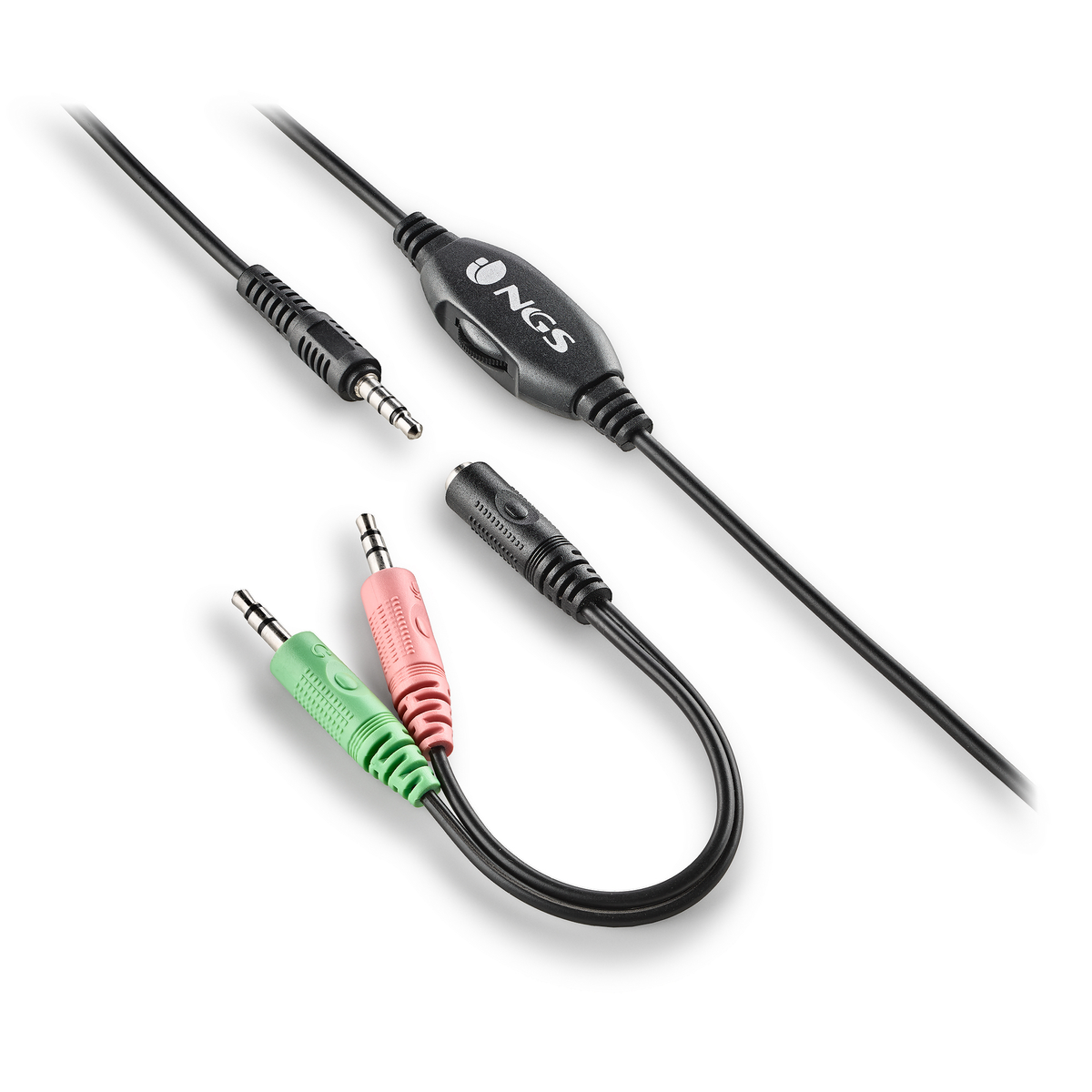 Kabel audio z dwoma kolorowymi wtyczkami i jedną wtyczką. Czarny kabel.