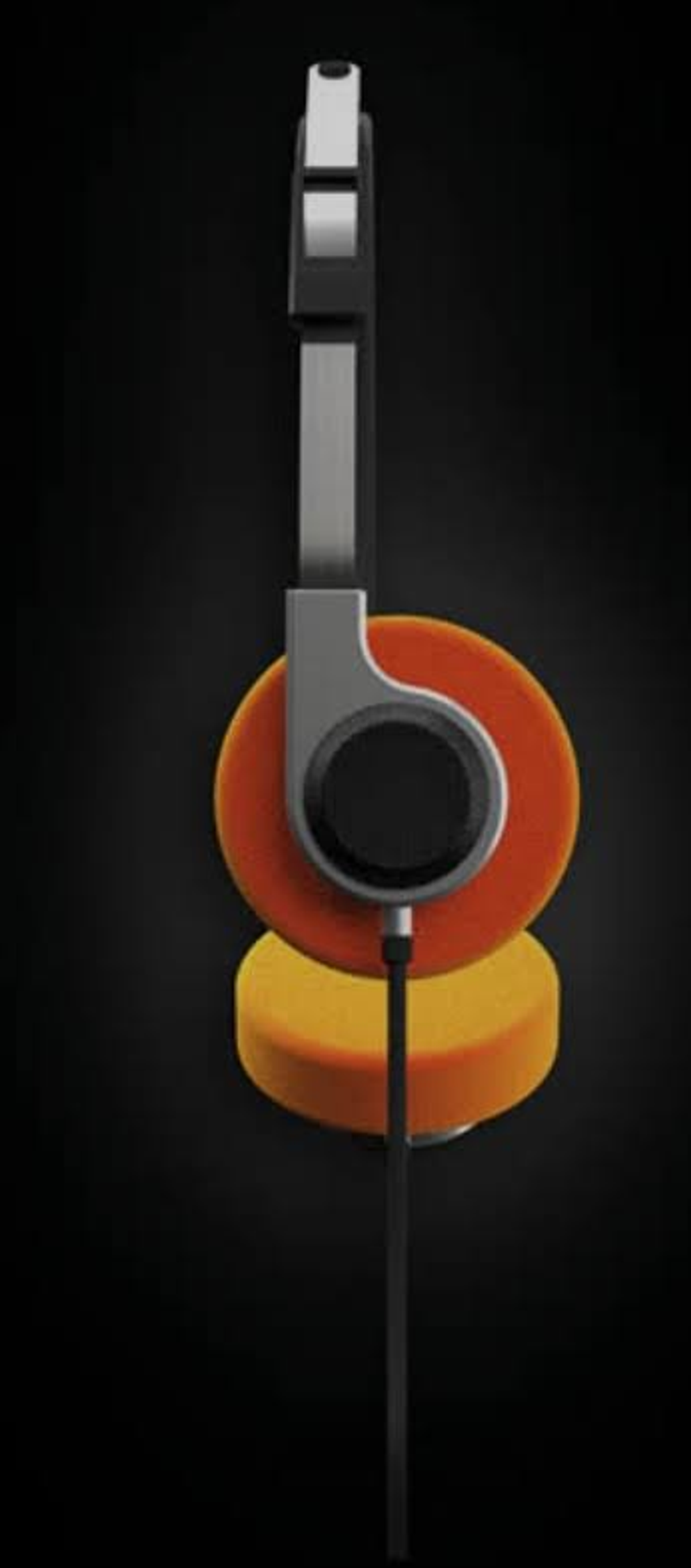 Retro pomarańczowe i szare słuchawki z czarnym kablem na czarnym tle.
