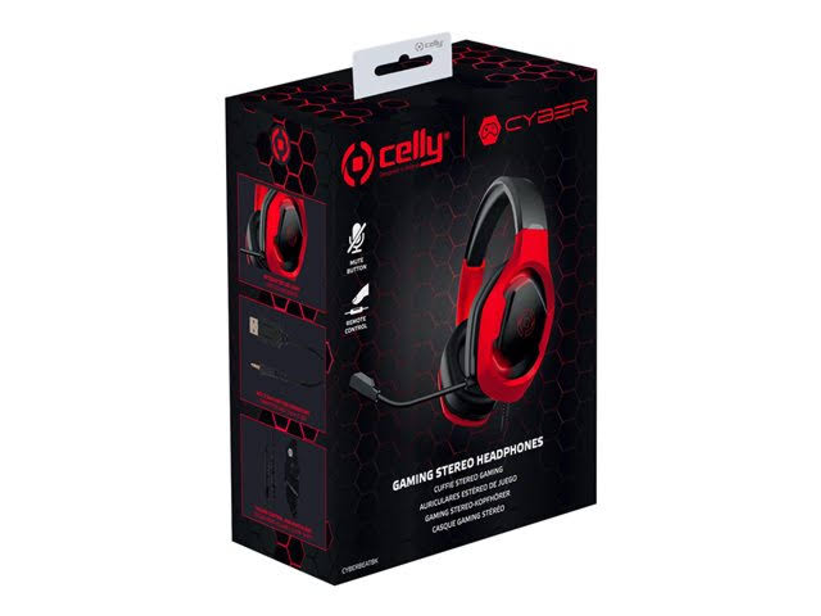 Czarny i czerwony zestaw słuchawkowy dla graczy w opakowaniu. Pudełko jest ciemne ze szczegółami produktu.