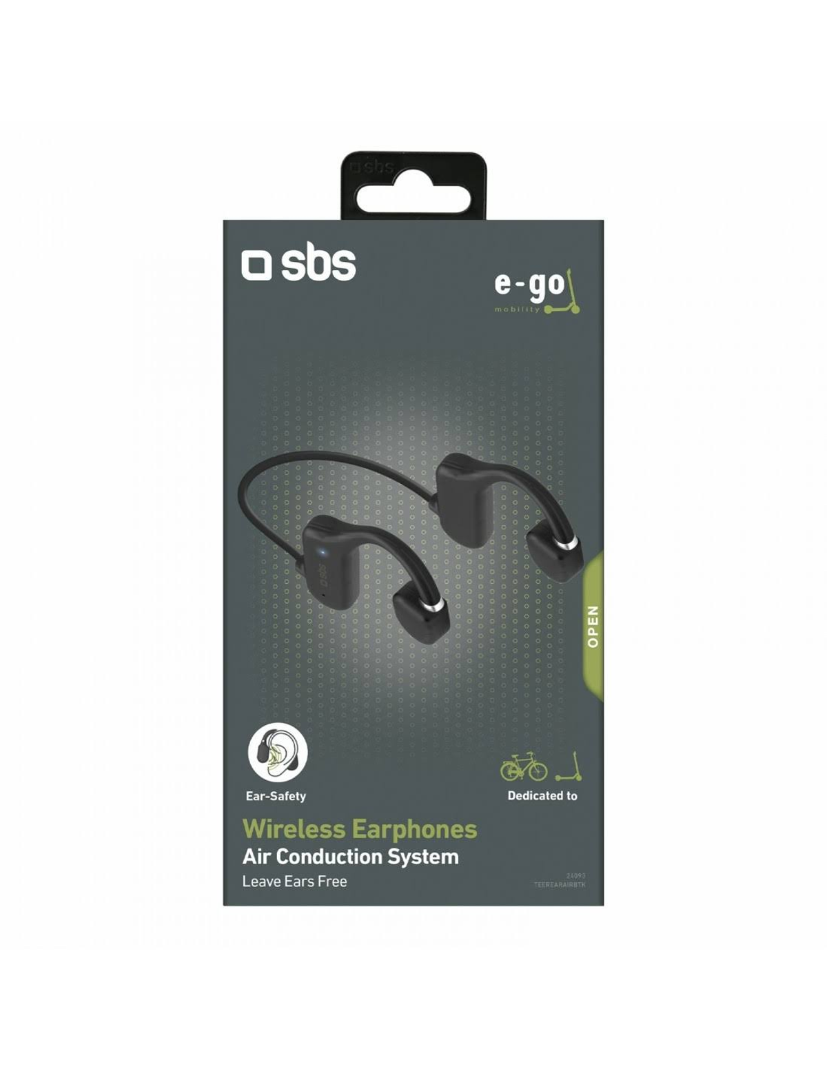 Auricolari wireless neri e grigi. La scatola riporta il marchio e le parole 'Air Conduction System'.