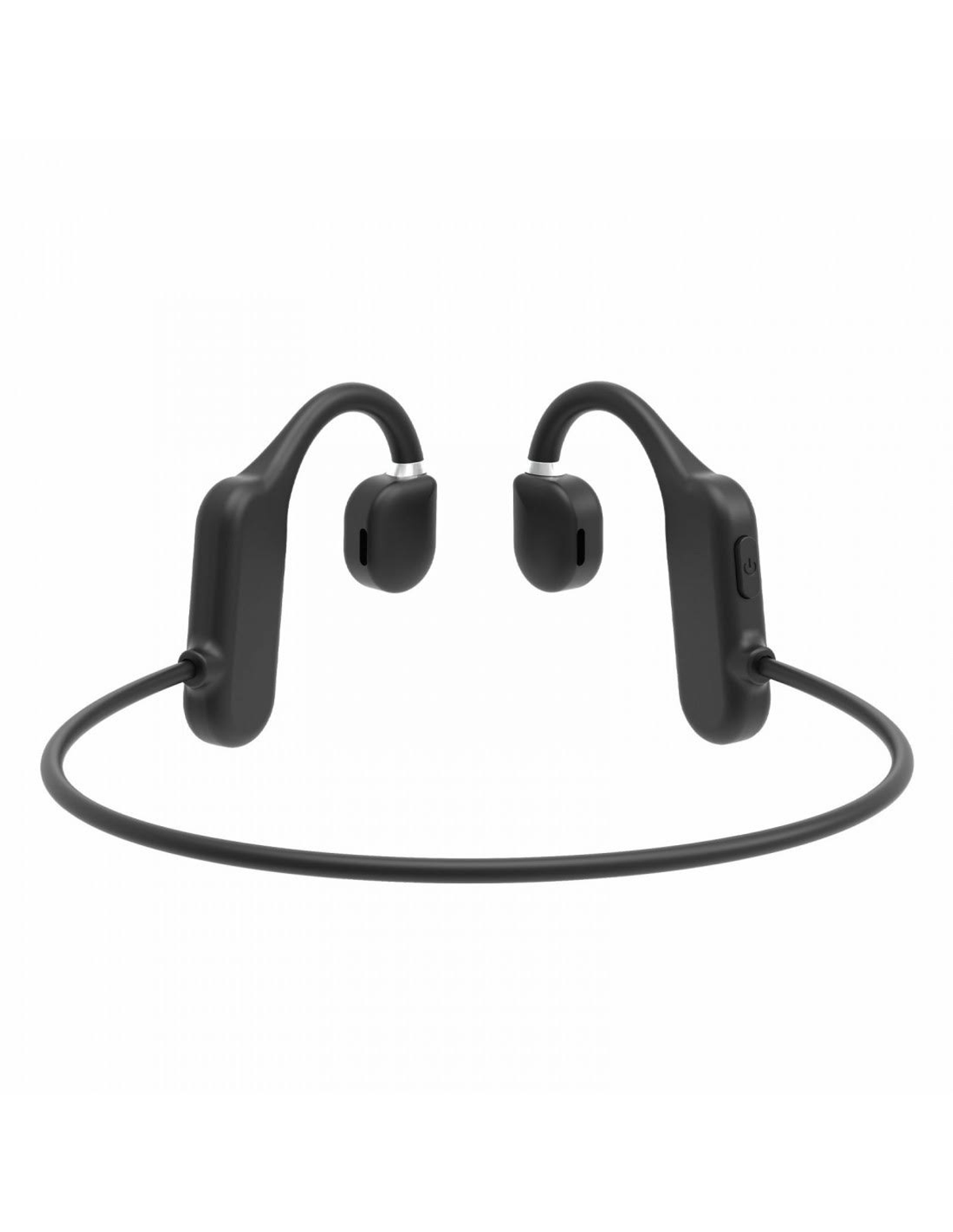 Cuffie a conduzione ossea nere. Le cuffie sono davanti a uno sfondo bianco.