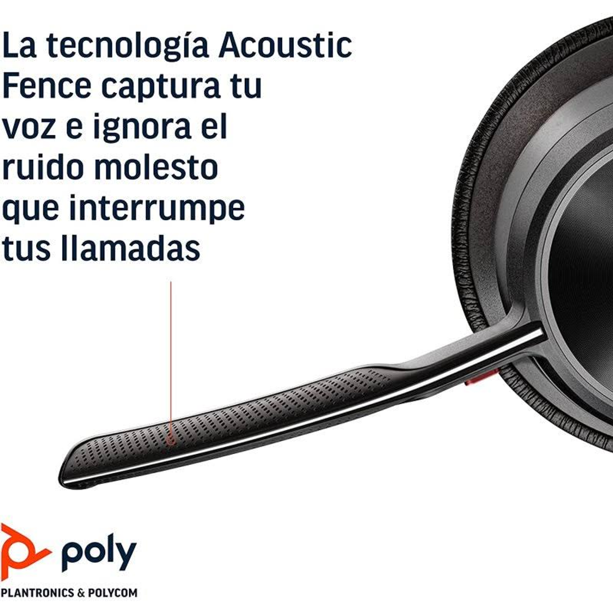 Szczegół słuchawek. Czarny, z teksturowaną powierzchnią. Hiszpański tekst: Technologia Acoustic Fence przechwytuje Twój głos.