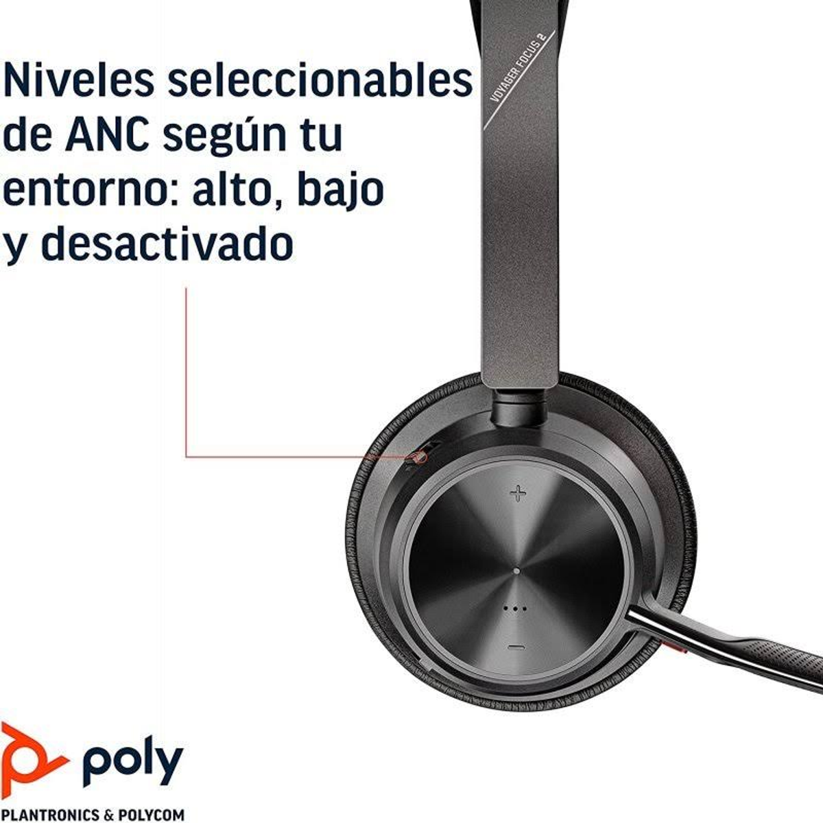 Zestaw słuchawkowy z nakładką tekstową: 'Niveles seleccionables de ANC según tu entorno: alto, bajo y desactivado'.