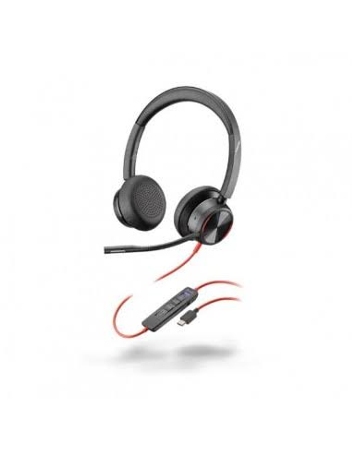 Czarne słuchawki z mikrofonem, połączone z modułem sterowania za pomocą czerwonego kabla.