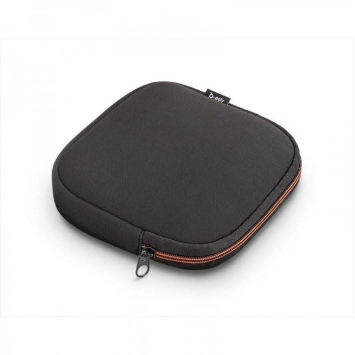 Czarny kwadratowy futerał z zamkiem błyskawicznym. Marka to Poly.