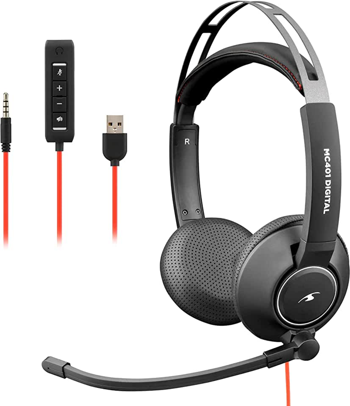 Czarne i srebrne słuchawki z mikrofonem i złączem USB. Czerwony kabel i przyciski.