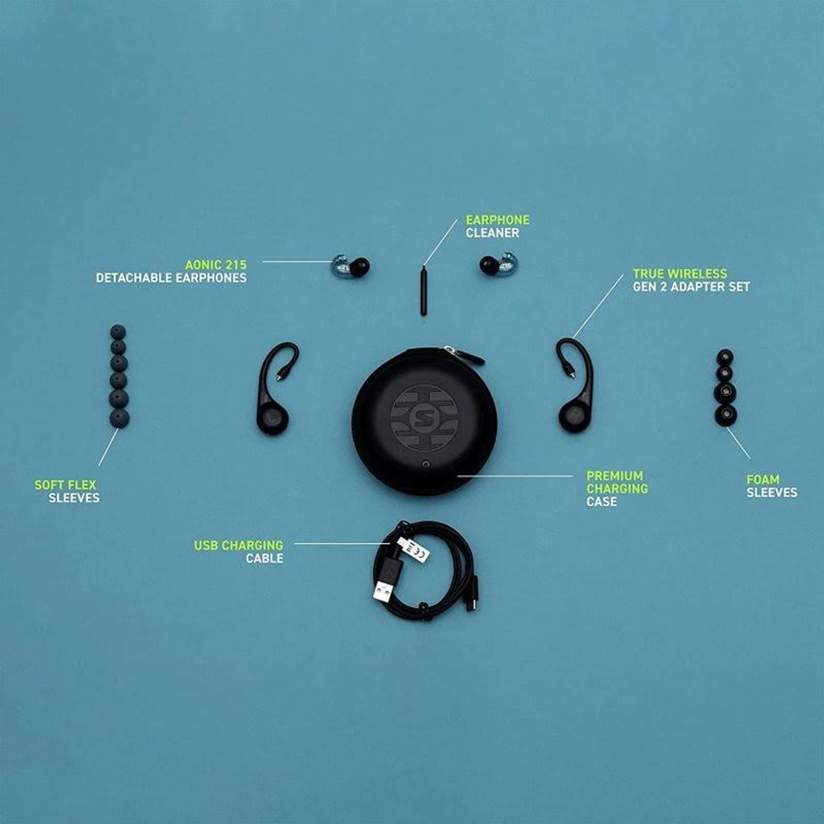 Części i akcesoria do słuchawek rozłożone. Widoczne etykiety tekstowe.