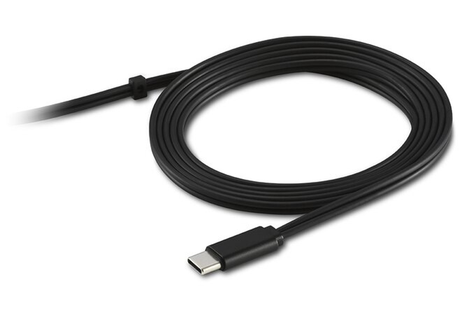 Zwarte USB-C-kabel op een witte achtergrond. De kabel is opgerold.