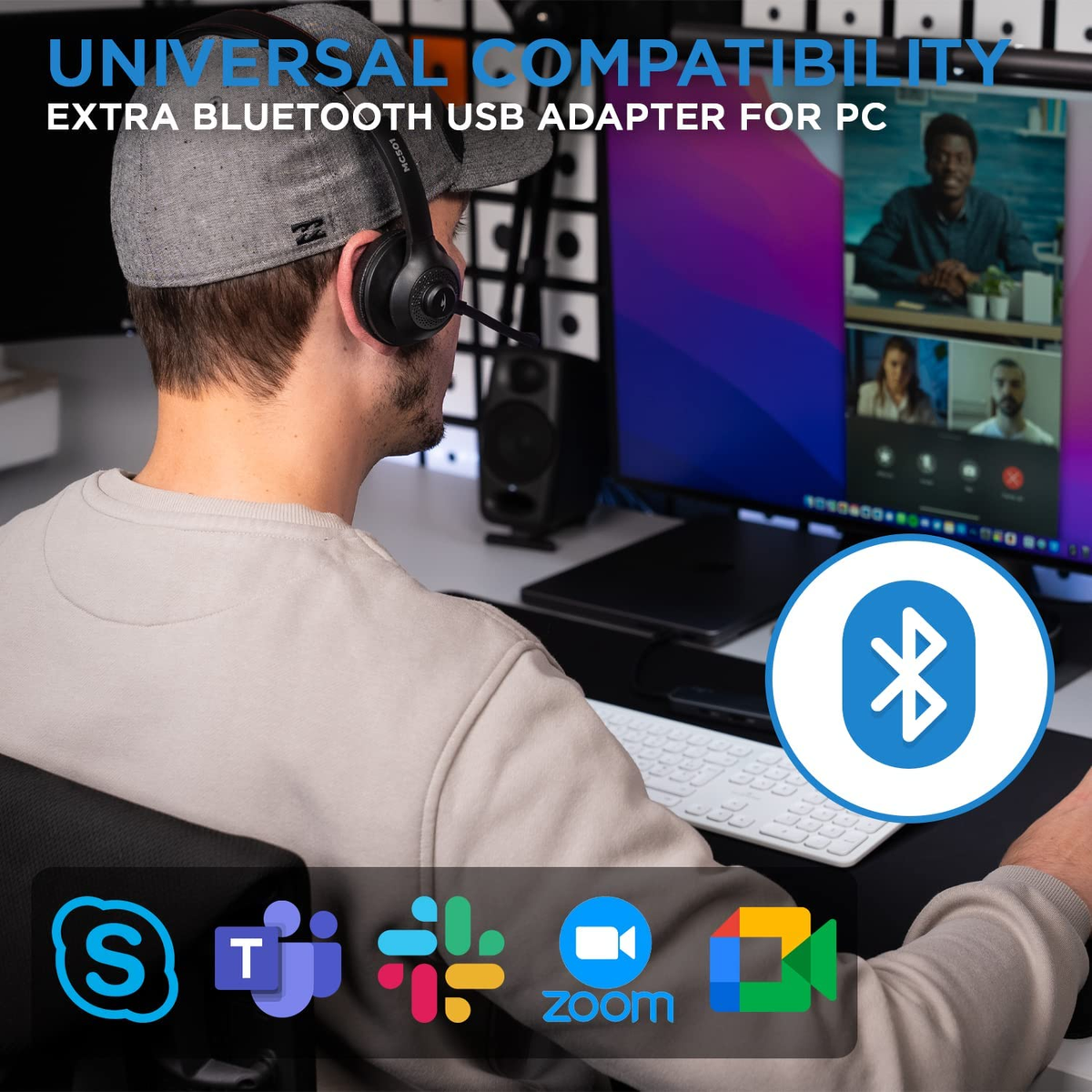 Uomo con cuffie, videochiamata sullo schermo, con icone di app e simbolo Bluetooth.