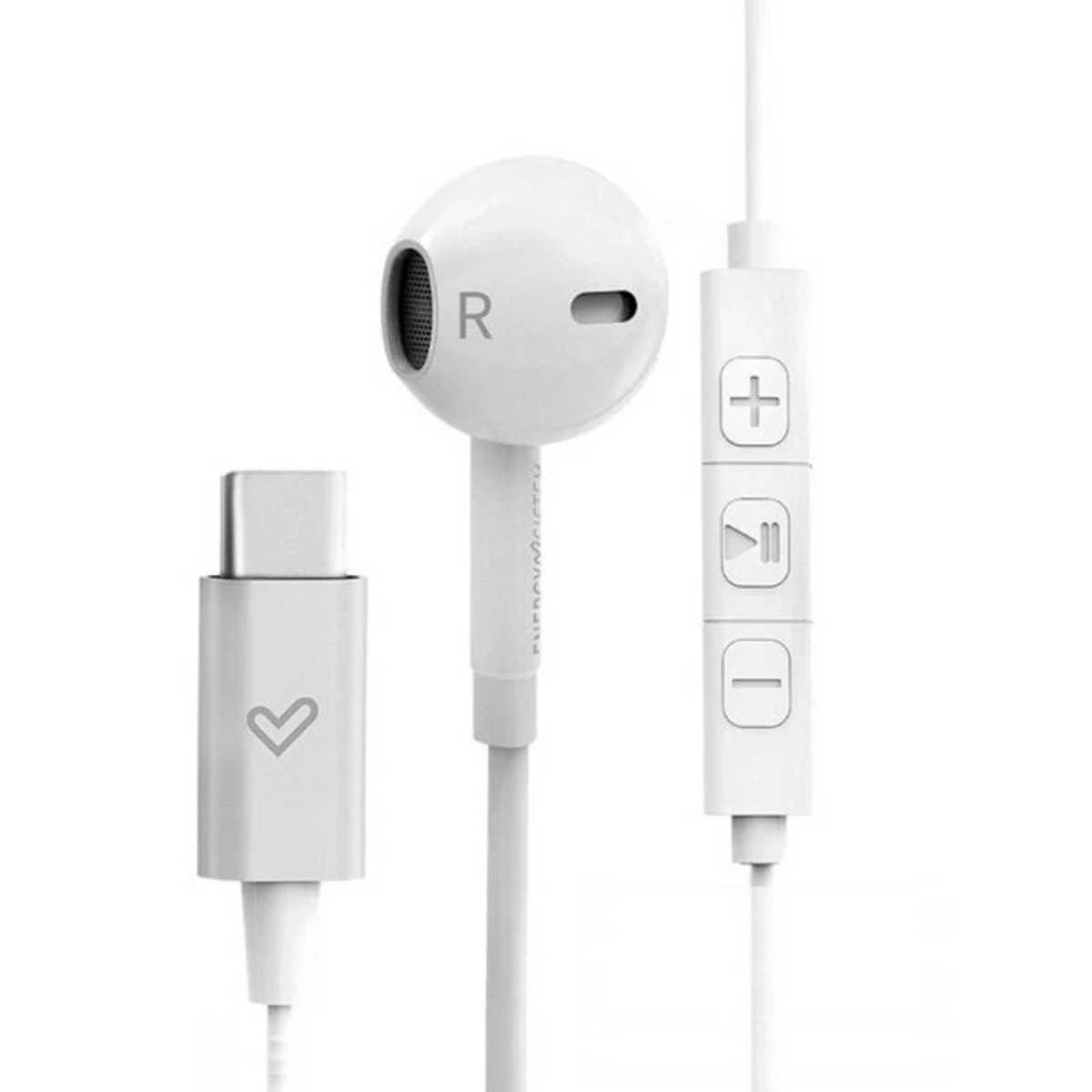 Auricolari bianchi con pannello di controllo e connettore USB-C. La lettera "R" è visibile.