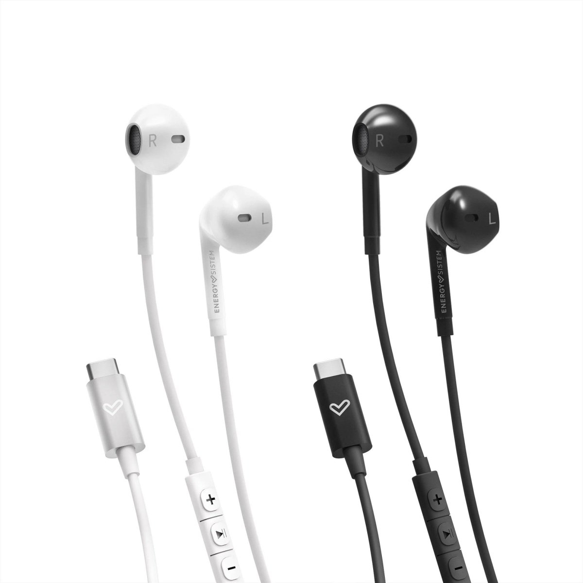 Due paia di auricolari, bianchi e neri. Gli auricolari bianchi hanno un controllo e una spina USB-C.