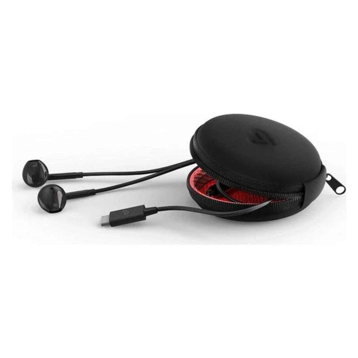 Auricolari neri e una custodia per il trasporto nera, aperta. Gli auricolari sono collegati a un cavo.