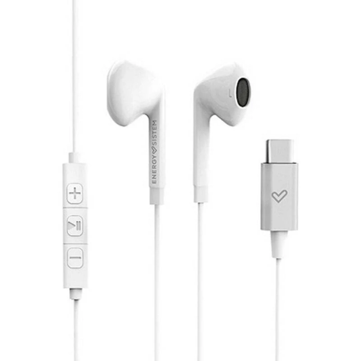 Auricolari bianchi con connettore USB-C e controllo del volume. Il marchio è Energy Sistem.