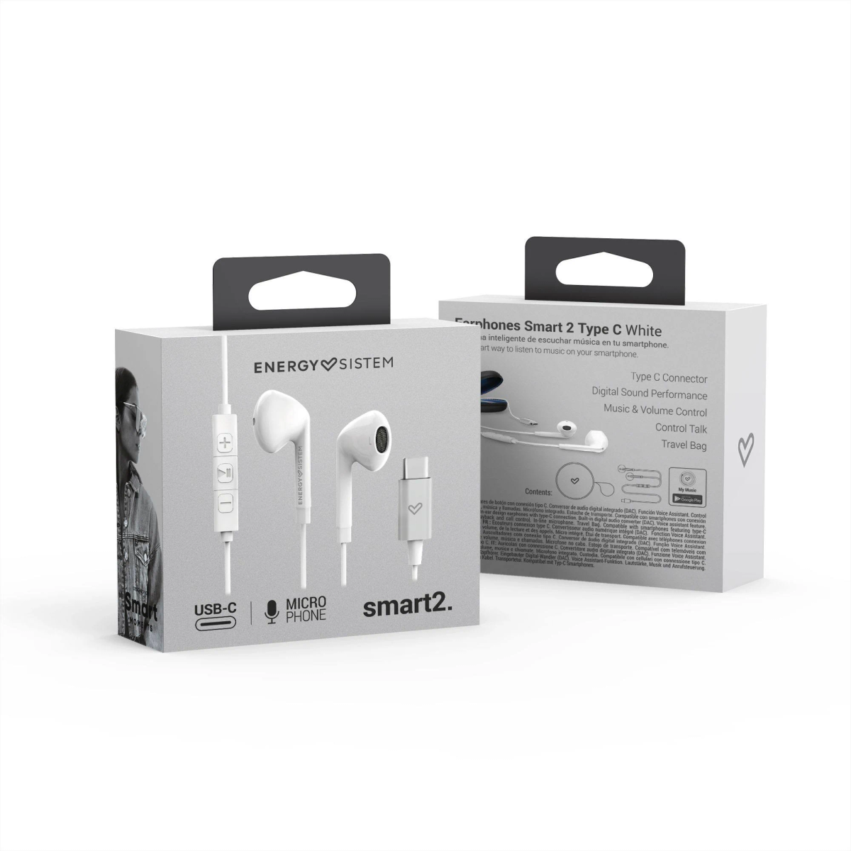 Auricolari bianchi in una scatola. La scatola ha un'etichetta della porta USB-C.