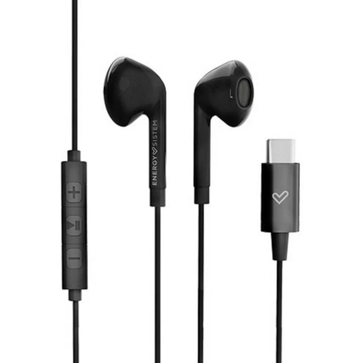 Auricolari neri con unità di controllo e connettore USB-C. Isolati su sfondo bianco.