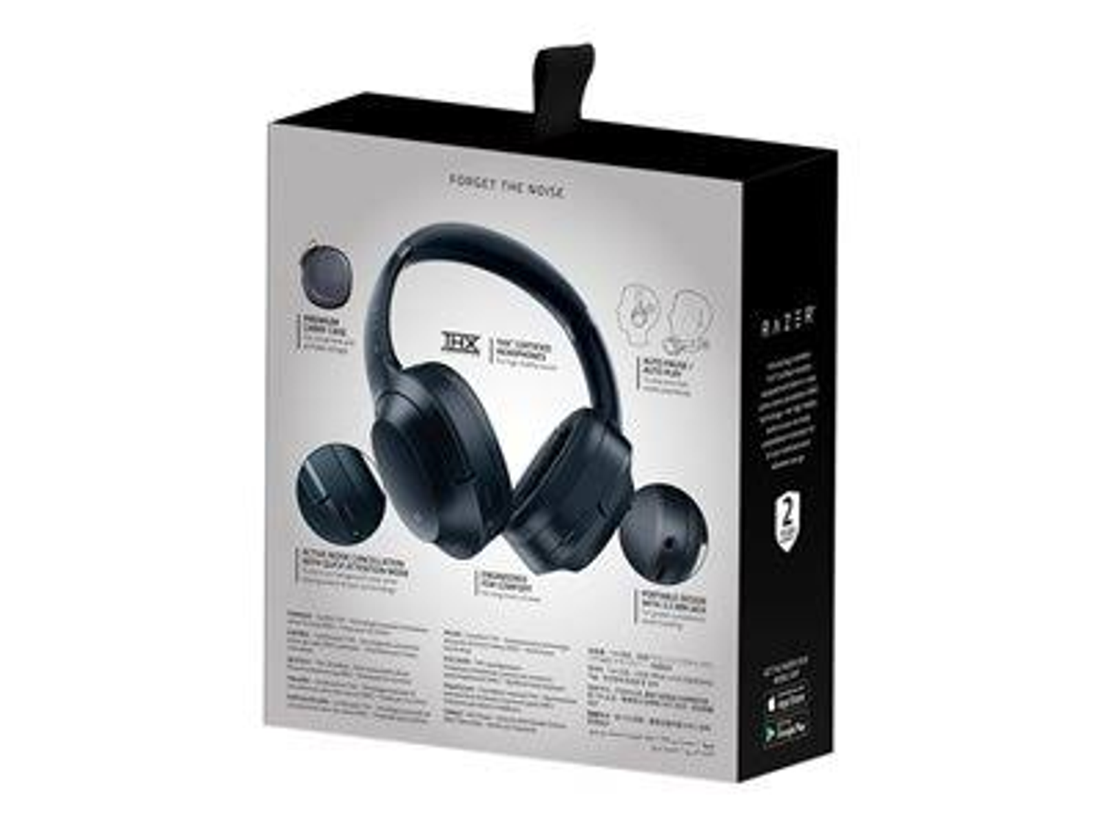 Czarne pudełko słuchawek Razer, ze słuchawkami z przodu. Tekst na pudełku zawiera 'Forget the Noise'.