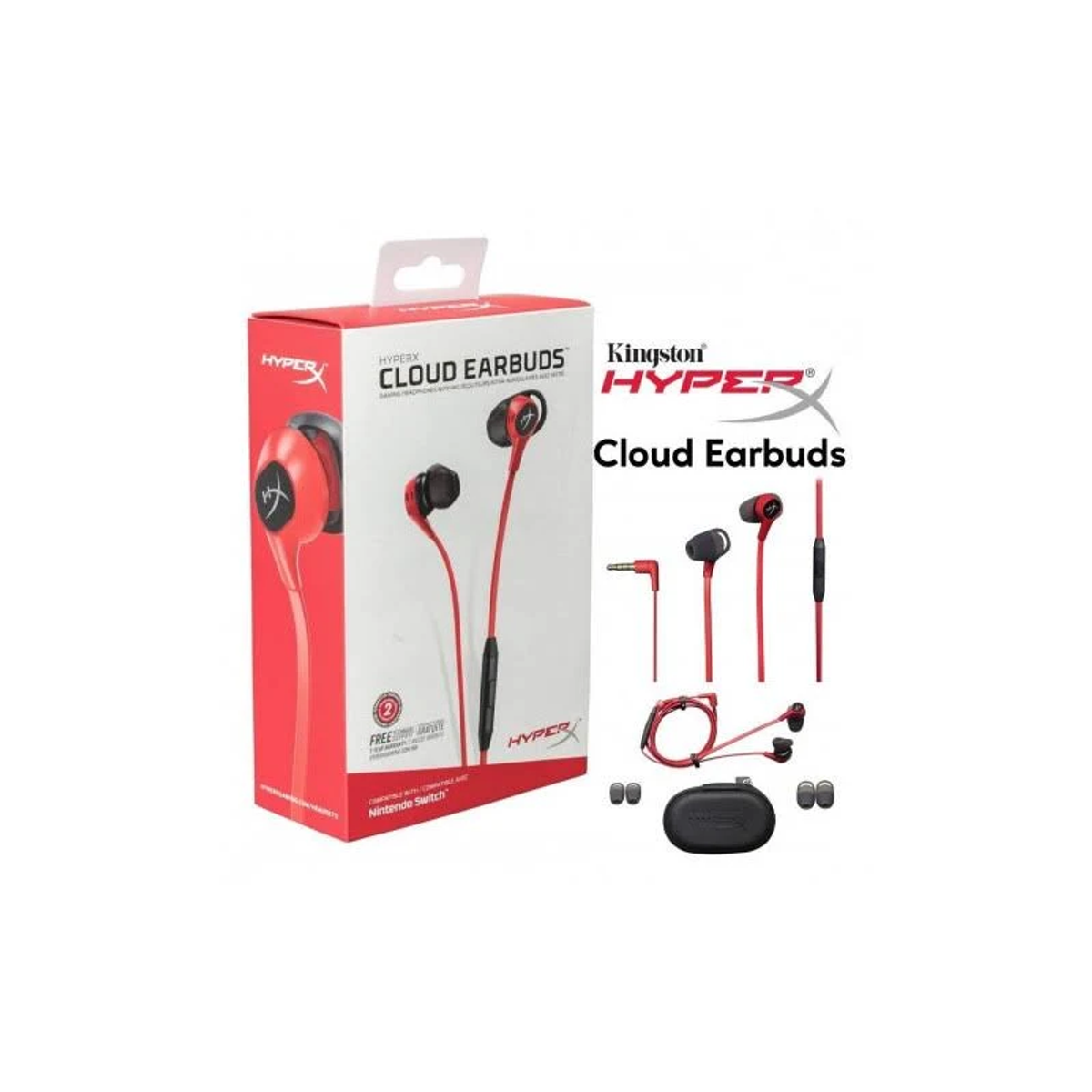 Czerwone słuchawki HyperX Cloud w pudełku, z dodatkowymi słuchawkami i akcesoriami.