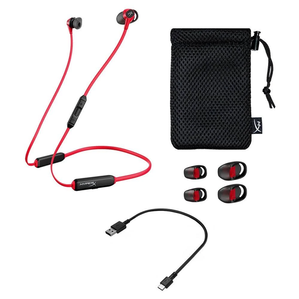 Czerwono-czarne bezprzewodowe słuchawki. Zawiera czarny woreczek i dodatkowe wkładki douszne. Białe tło.