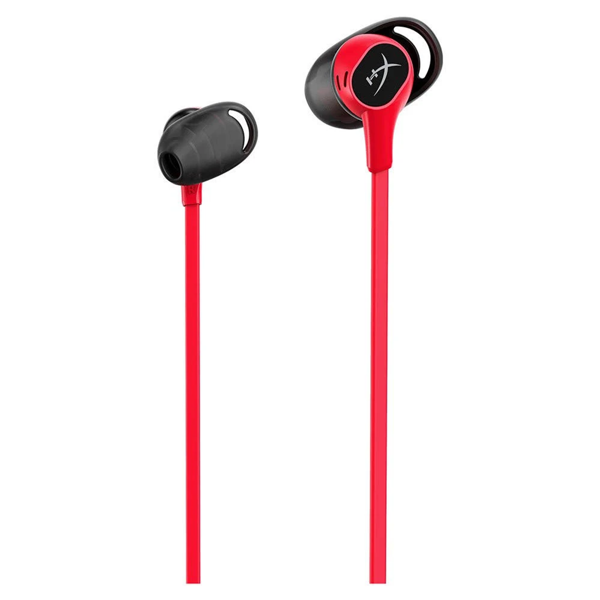 Czerwono-czarne słuchawki douszne z czerwonymi kablami, czarnymi wkładkami i logo.