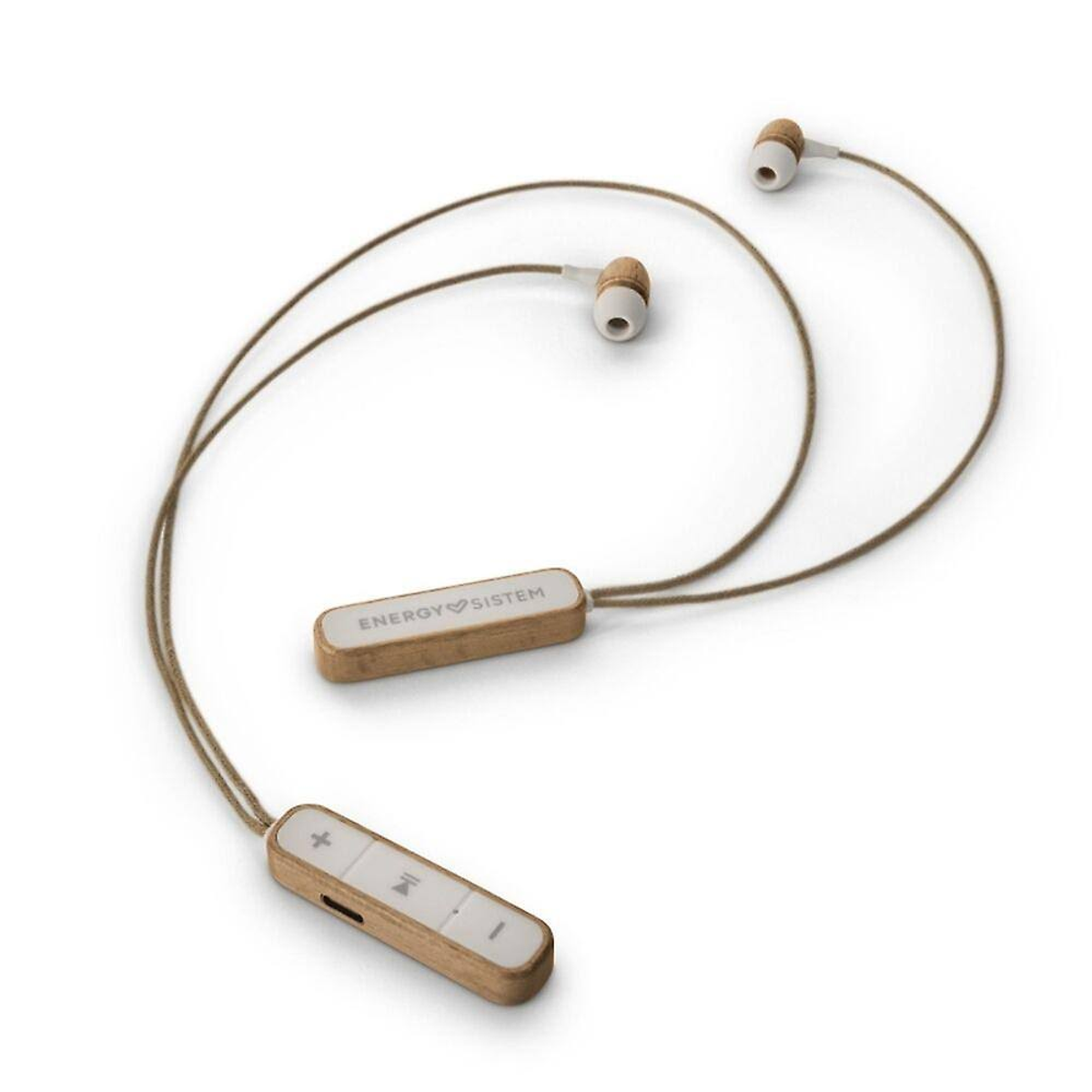 Ohrhörer mit Holzakzenten. Dünnes Kabel, Steuermodul, Ohrhörer. Weißer Hintergrund.
