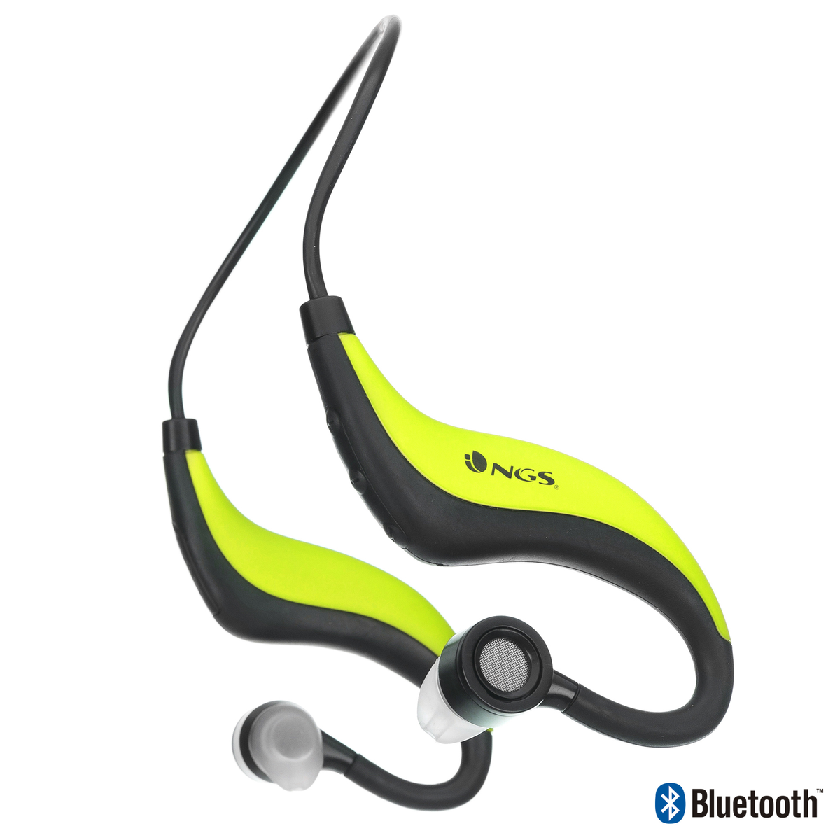 Gelb-schwarze Sportkopfhörer mit Nackenband und Ohrhörern. Bluetooth-Logo sichtbar. Weißer Hintergrund.