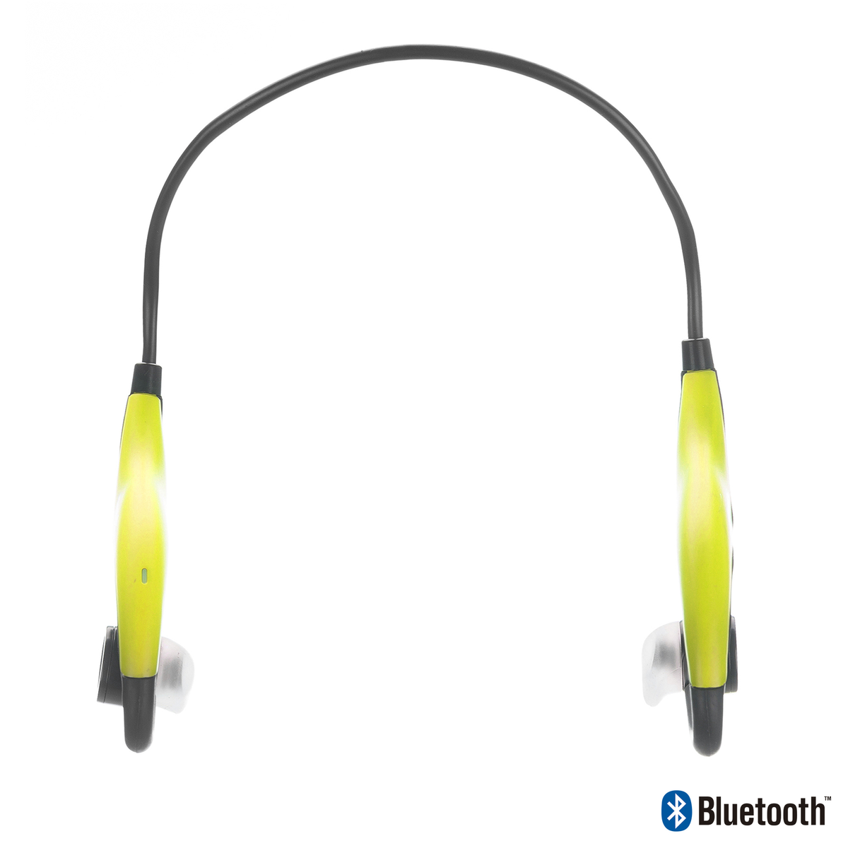 Grüne und schwarze kabellose Ohrhörer mit Bluetooth-Logo auf Weiß.