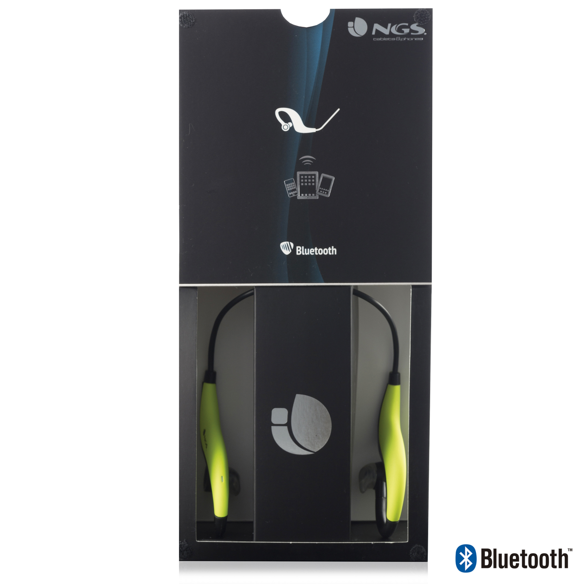 Kopfhörer in einer Box. Die Box ist geöffnet und zeigt Kopfhörer mit grünen Akzenten. Bluetooth-Logo sichtbar.