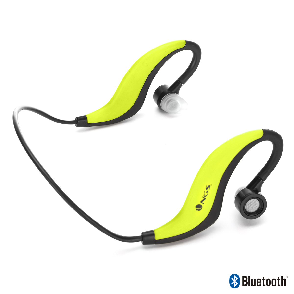 Gelb-schwarze kabellose Ohrhörer mit Nackenband, Bluetooth-Logo.